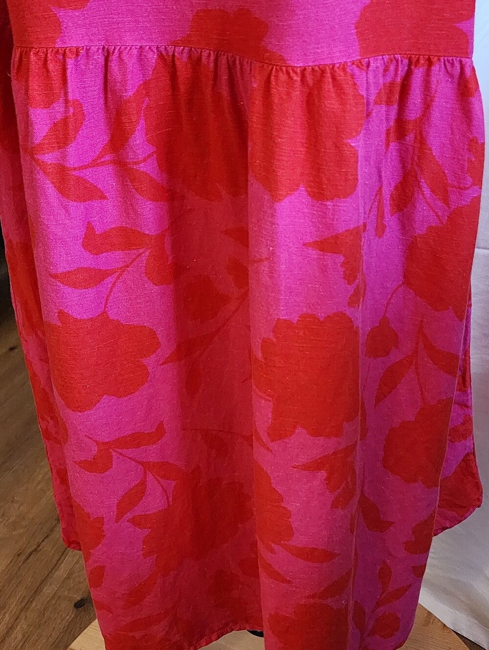 Kate Spade Pink/Red Floral Linen Gathered Dress, Front Ties, Pockets, 3/4 Sleeve - Picture 11 of 14